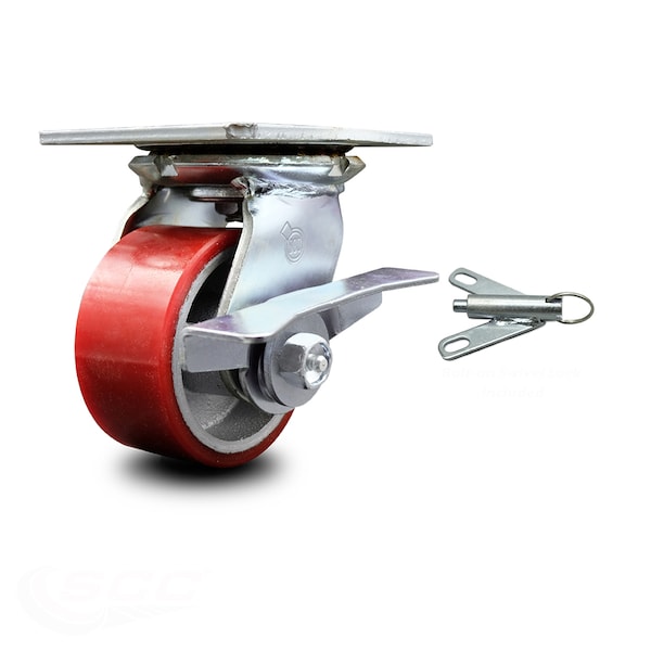 4 Inch Red Poly on Cast Iron Caster with Ball Bearing and Brake/Swivel Lock